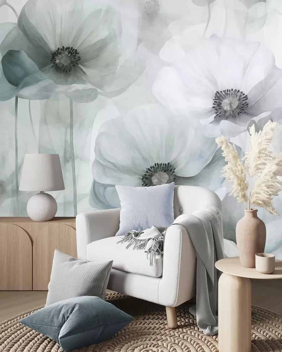 murales de pared Amapolas de colores apagados y textura marcada, con centros oscuros, delicados pétalos translúcidos y un fondo suave w10029v2