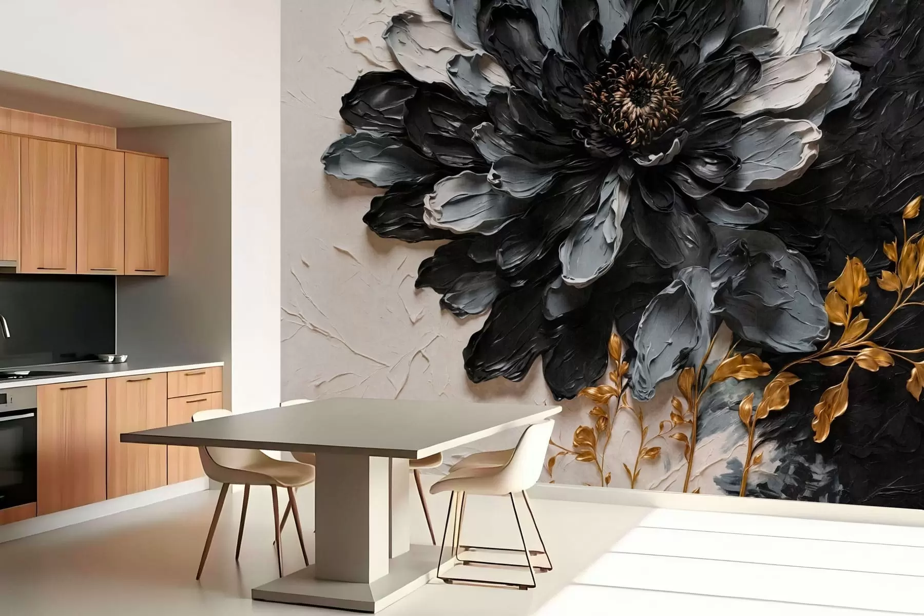 murales de pared Flor con textura en negro y gris con ramas decorativas w05883