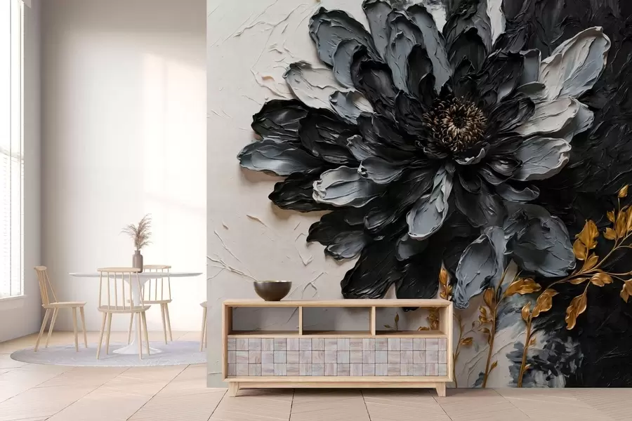 murales de pared Flor con textura en negro y gris con ramas decorativas w05883