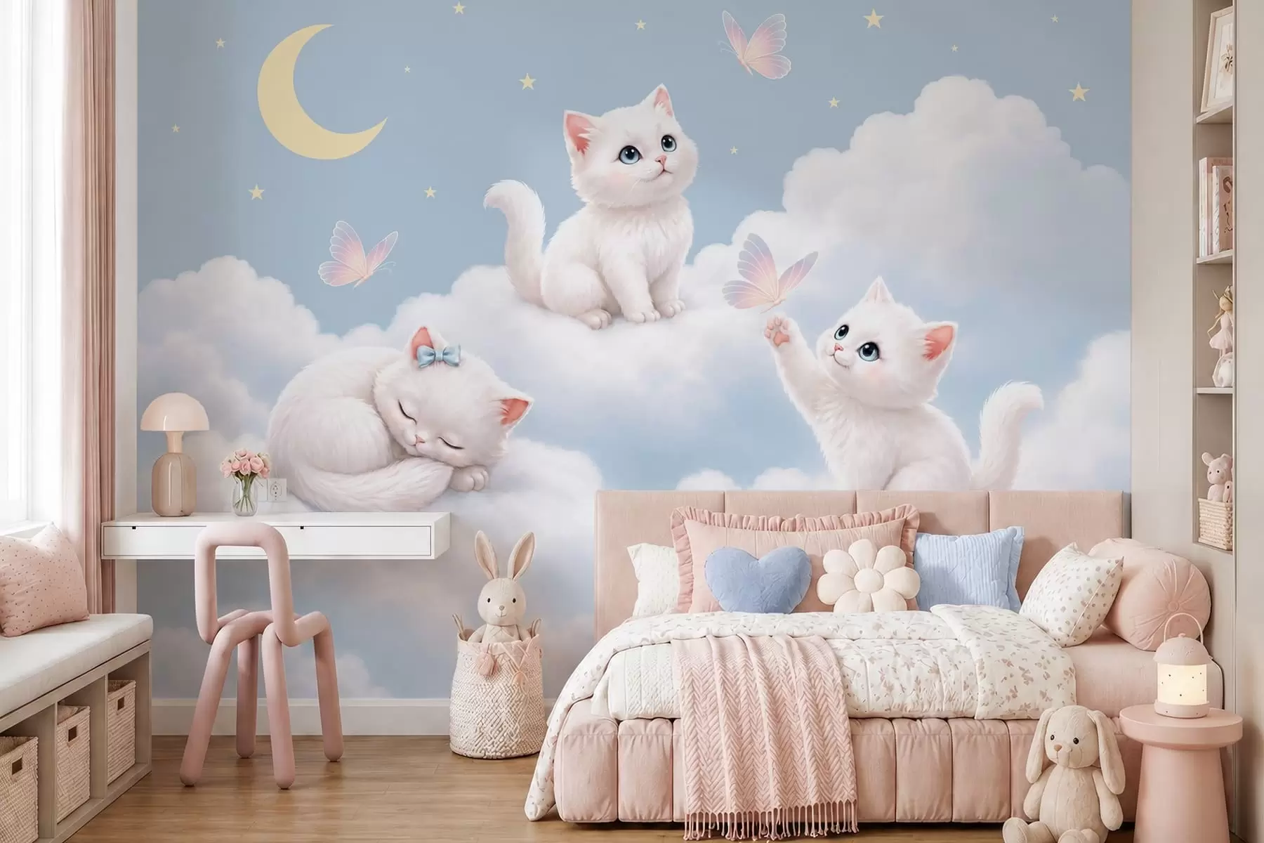 murales de pared Gatitos monísimos con mariposas entre las nubes w05841