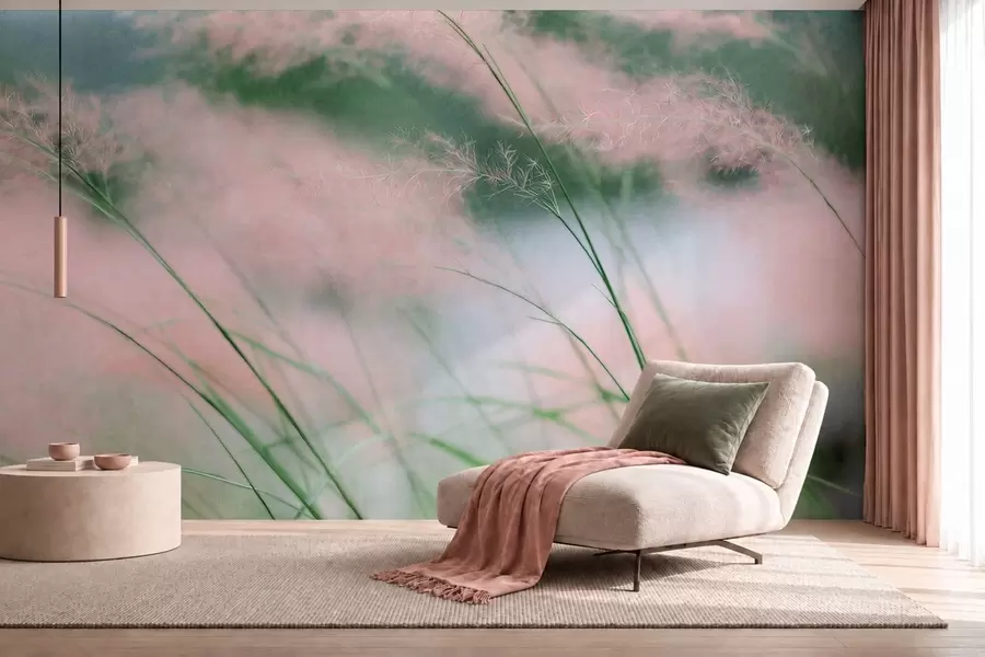 murales de pared Delicadas hierbas rosadas sobre un fondo verde suave w05886