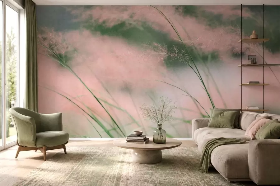 murales de pared Delicadas hierbas rosadas sobre un fondo verde suave w05886v1
