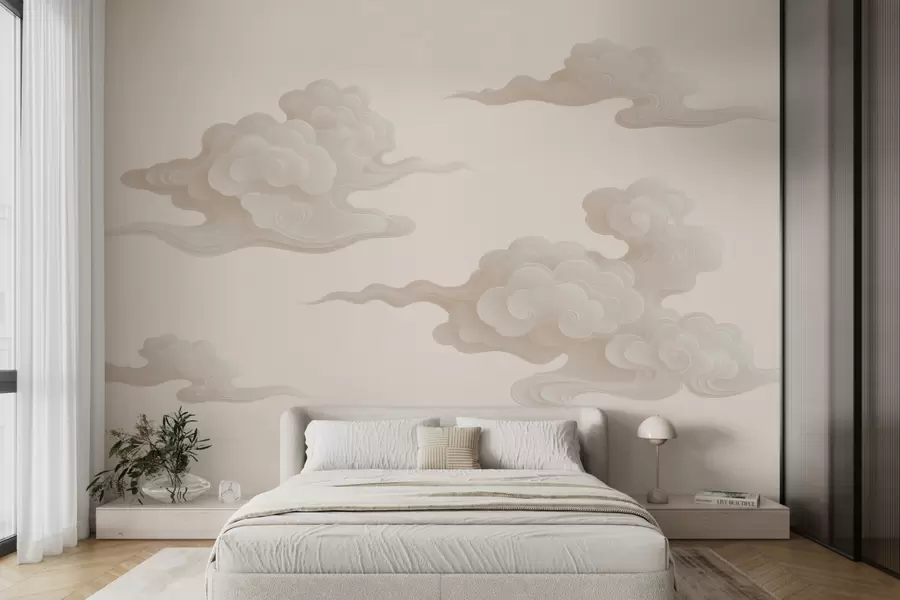 murales de pared Nubes orientales minimalistas en tonos beige y crema w10036