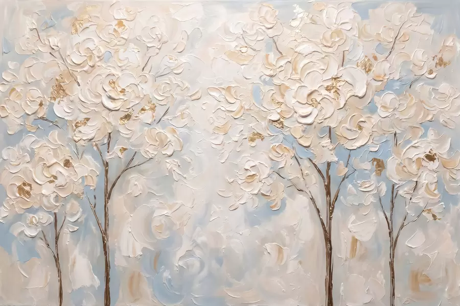 murales de pared Árboles cubiertos de voluminosas flores blancas, imitación de un cuadro al óleo w10039
