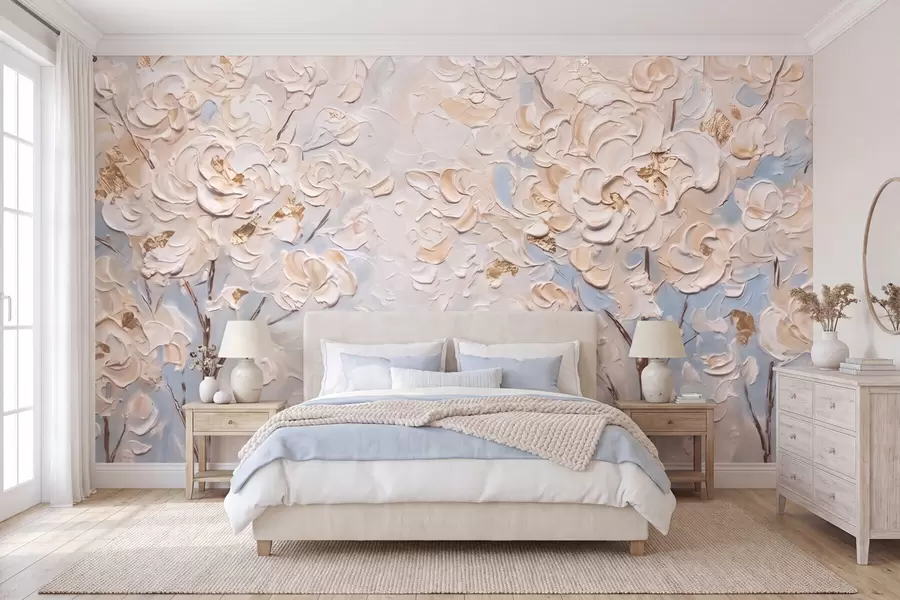 murales de pared Árboles cubiertos de voluminosas flores blancas, imitación de un cuadro al óleo w10039