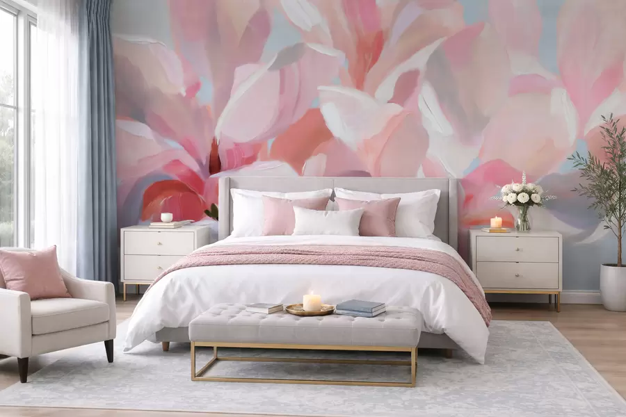 murales de pared Primer plano de una magnolia rosa, imitación de una técnica pictórica suave w10043