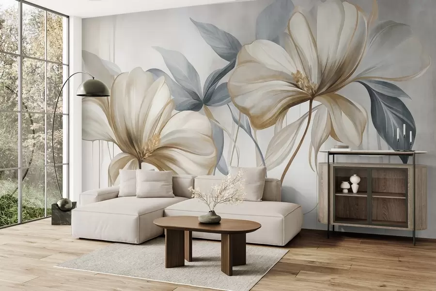 murales de pared Flores abstractas y delicadas con tallos finos y marrones y hojas de un azul apagado, con textura w10058