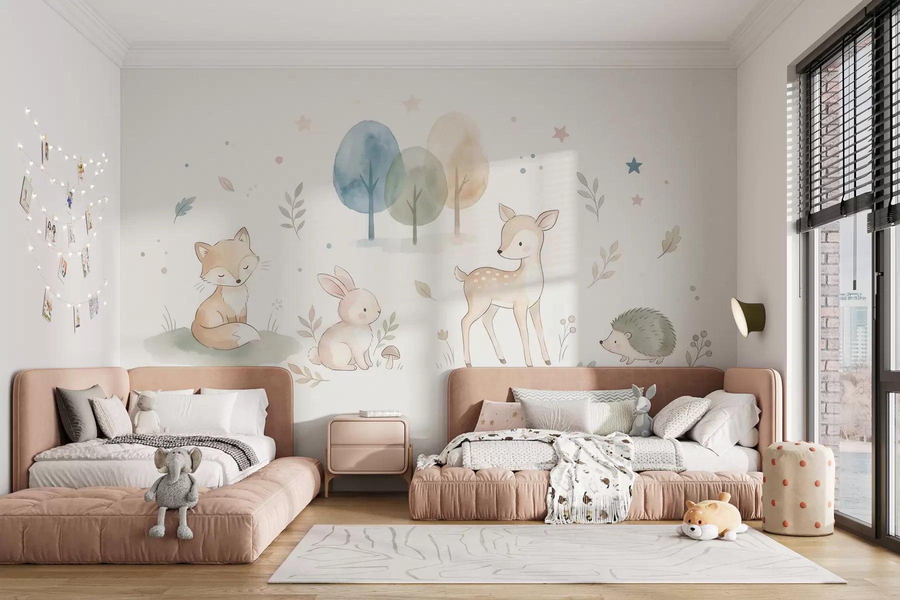 murales de pared Animales del bosque: zorro, conejito, cervatillo, erizo, en estilo acuarela w10068
