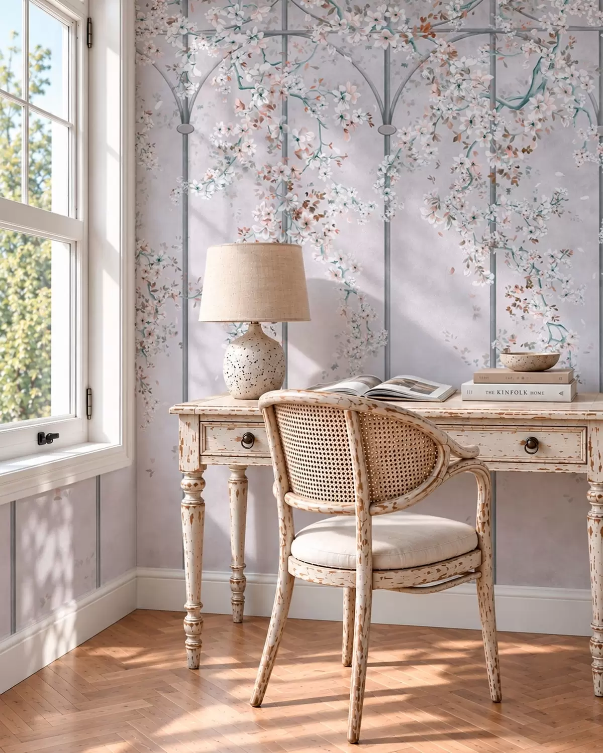 murales de pared Ramas con flores blancas sobre un enrejado decorativo azul y gris w05923v1