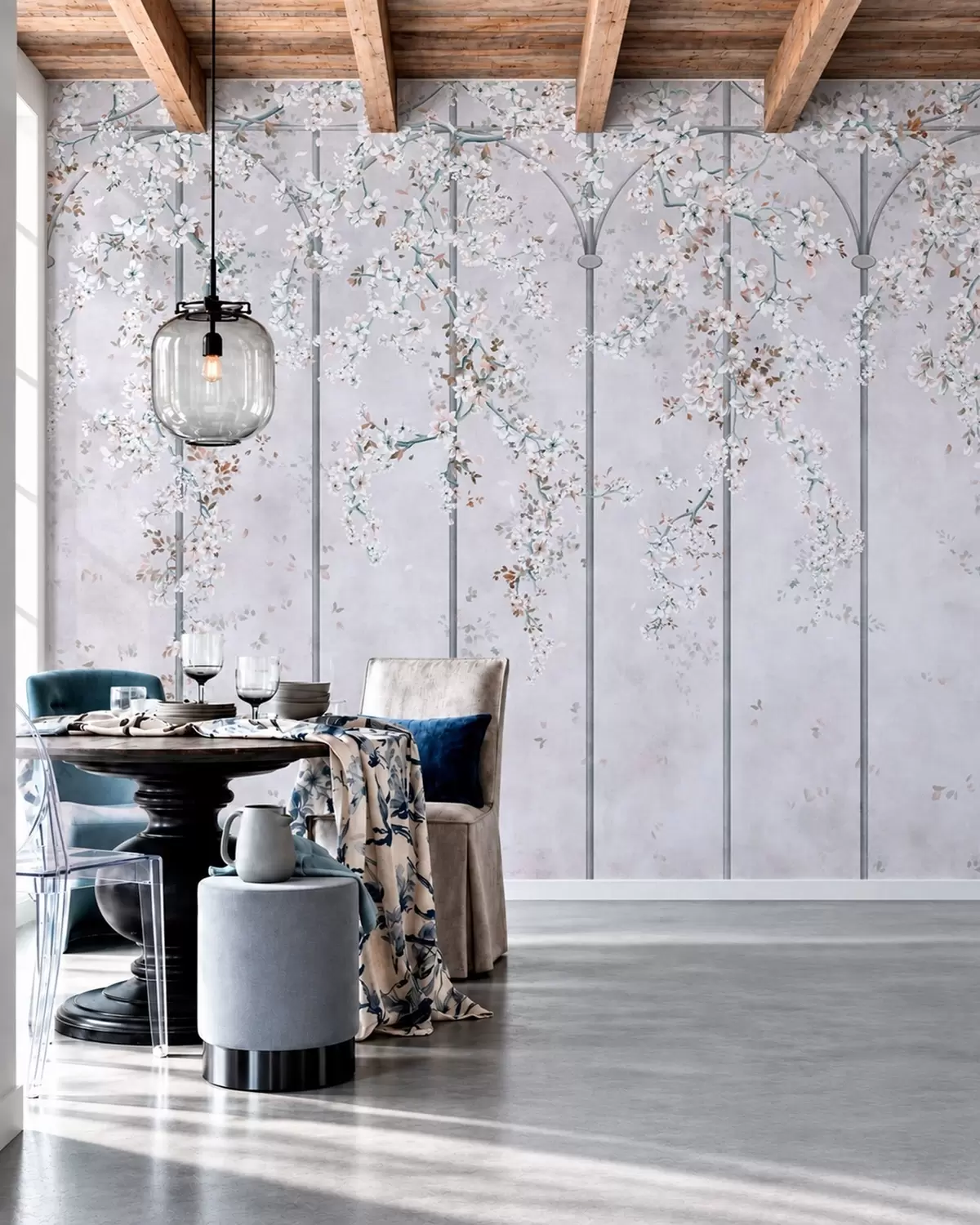 murales de pared Ramas con flores blancas sobre un enrejado decorativo azul y gris w05923v1