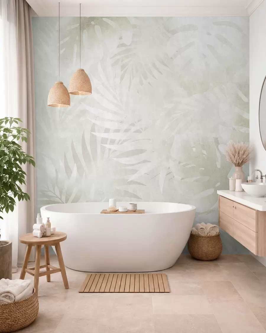 murales de pared Hojas tropicales con efecto grunge en tonos beige neutros w10080v1