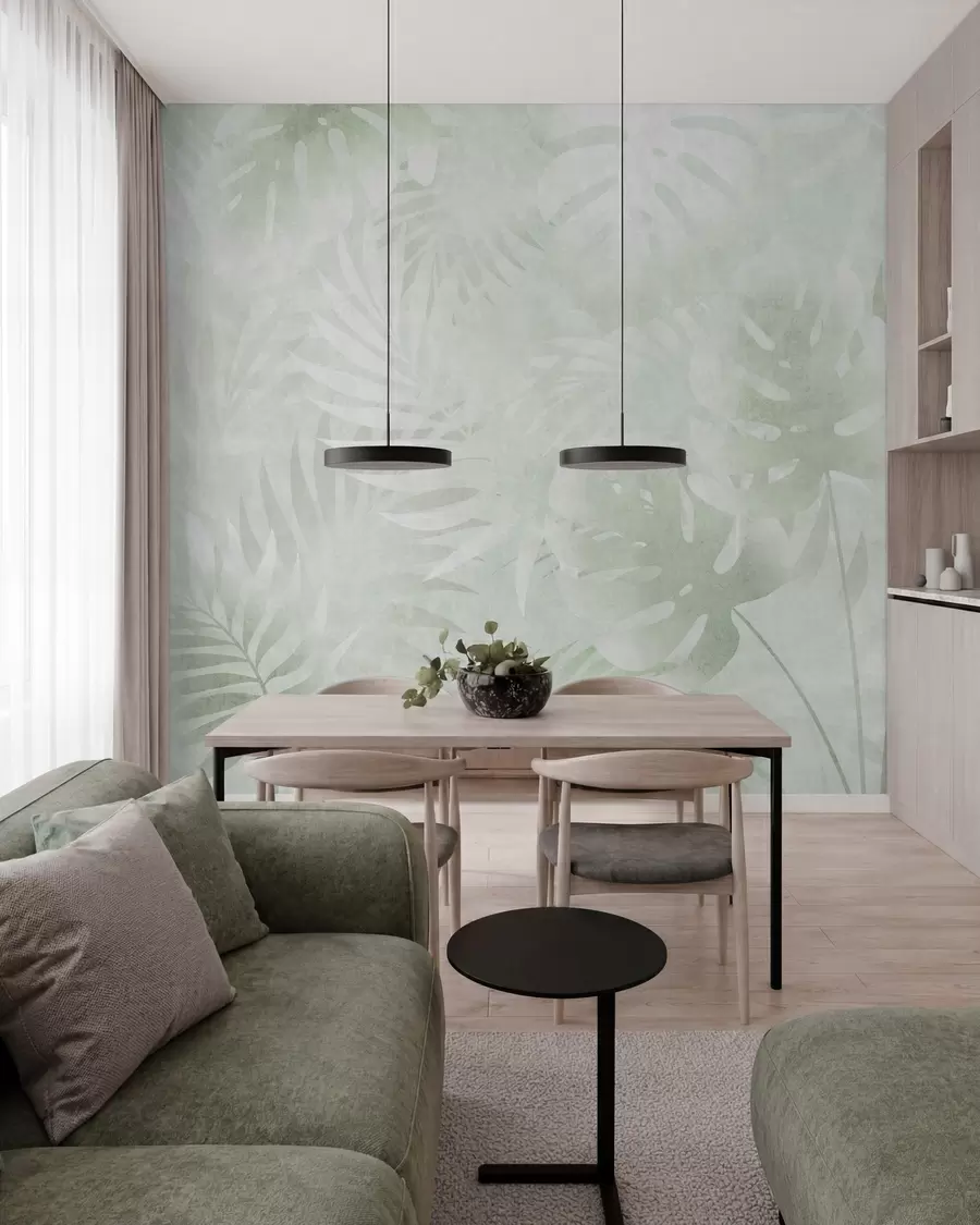 murales de pared Hojas tropicales con efecto grunge en tonos verdes w10080v2