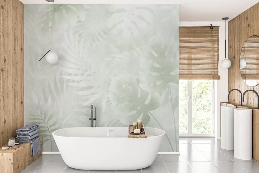 murales de pared Hojas tropicales con efecto grunge en tonos verdes w10080v2