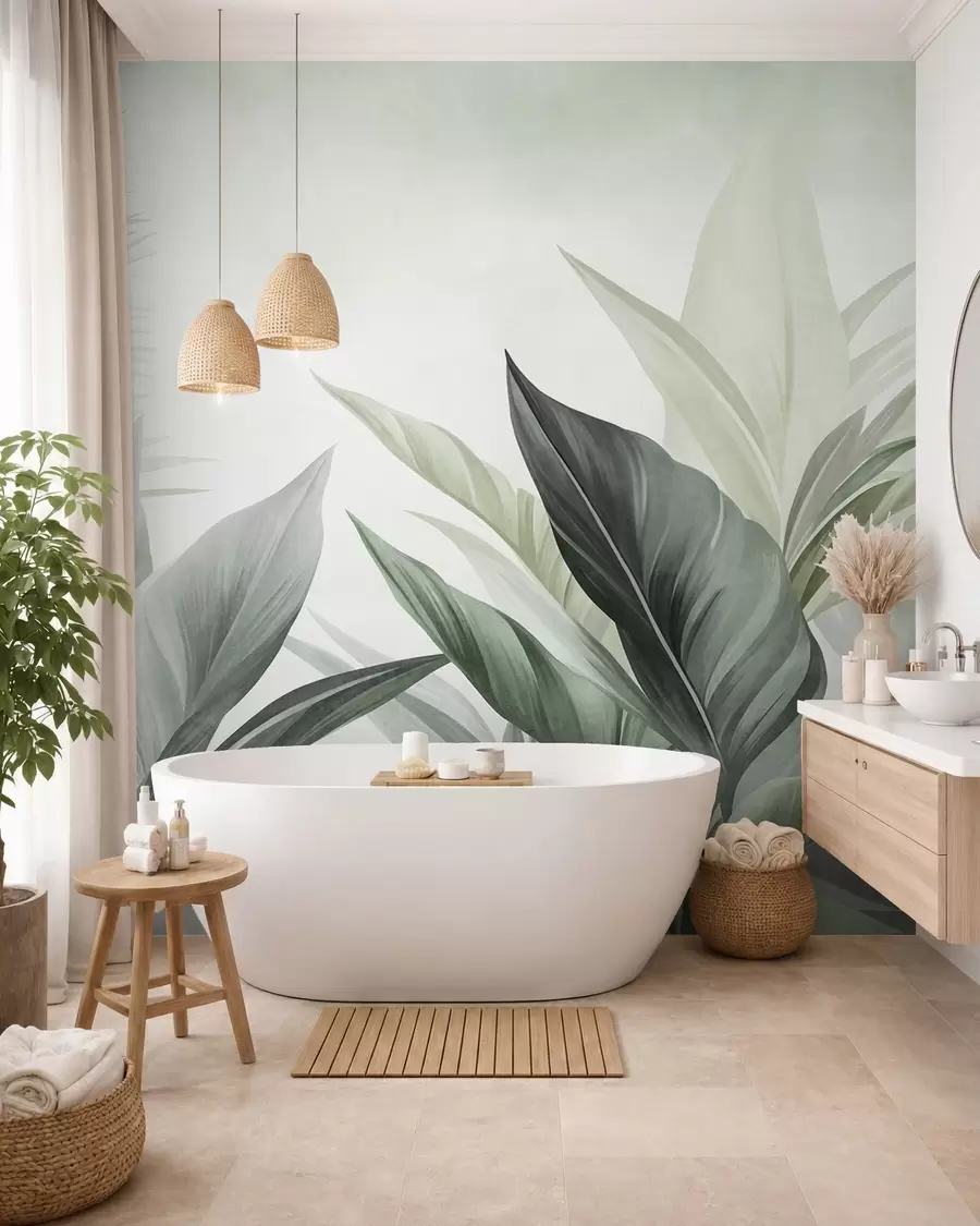 murales de pared Hojas tropicales en tonos verdes, con textura y de gran tamaño, arte moderno w10055v2