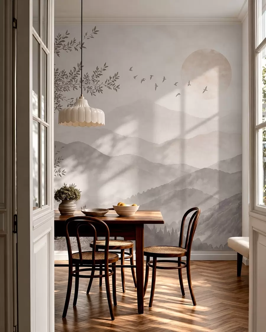 murales de pared Montañas brumosas con un árbol, pájaros y el sol w05924v1