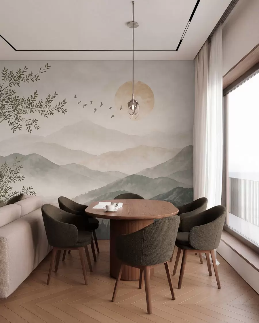 murales de pared Paisaje de montaña con un árbol, pájaros y el sol w05924