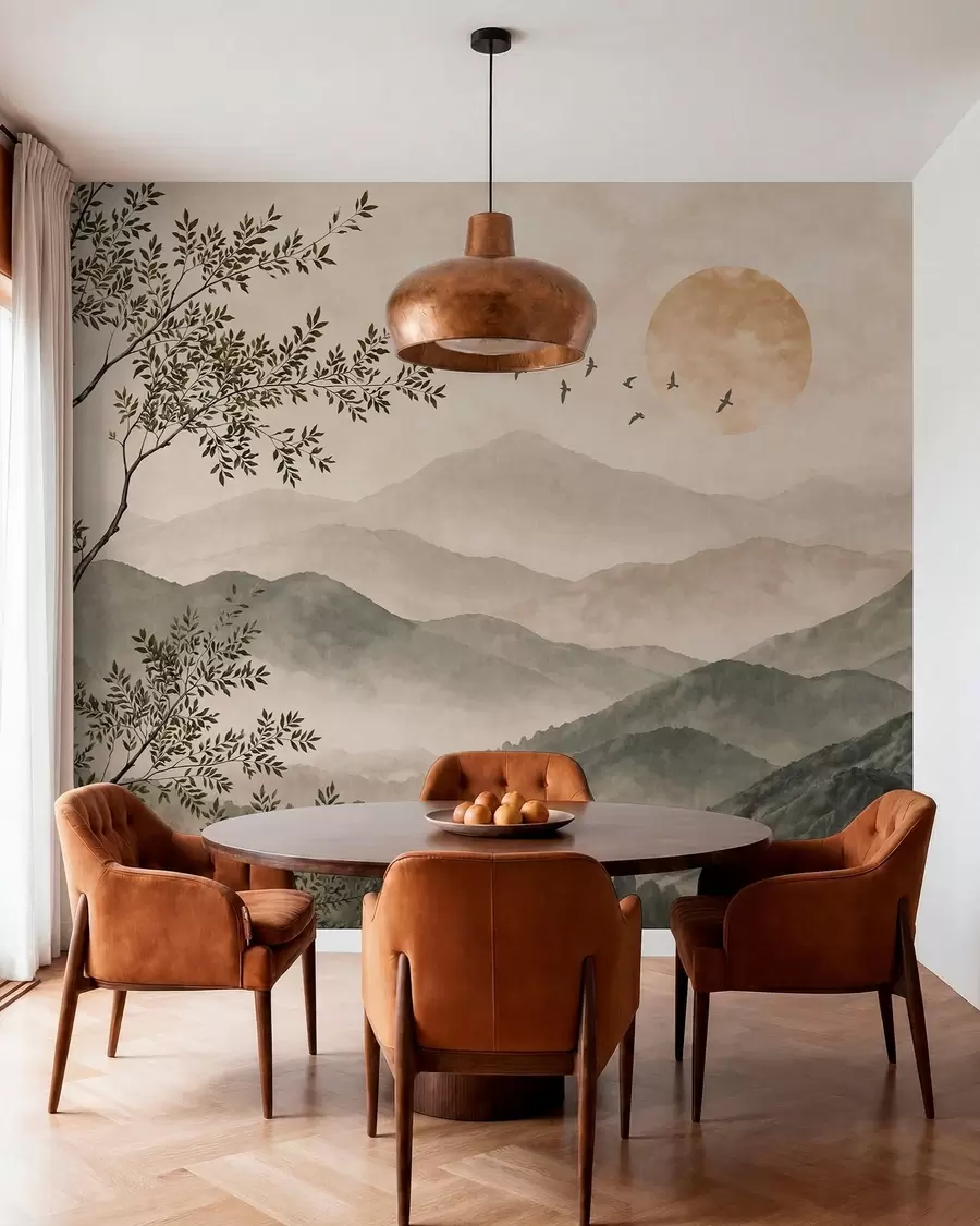 murales de pared Cordilleras con un árbol, pájaros y el sol w05924v3