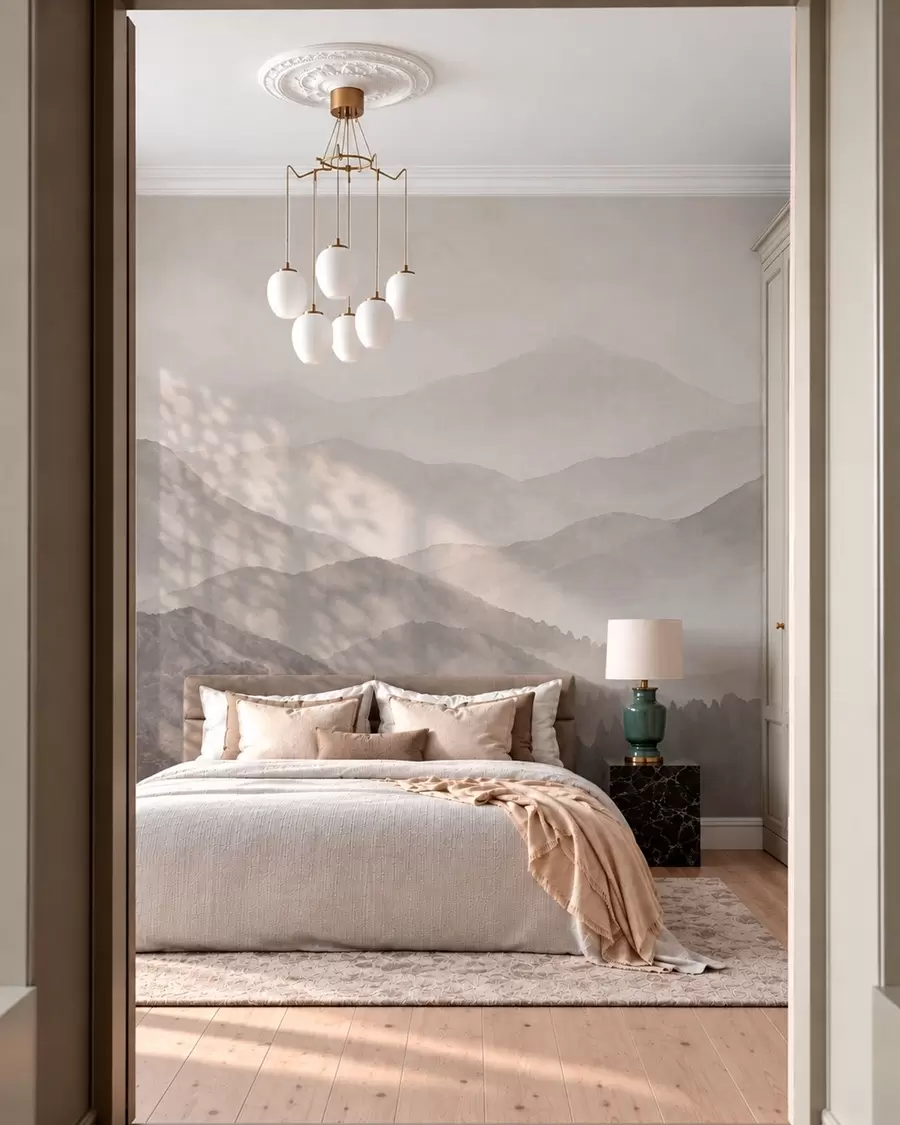 murales de pared Montañas brumosas en suaves tonos neutros w05925v1