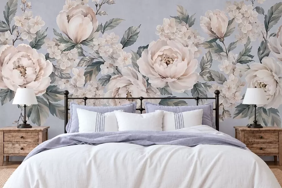 murales de pared Delicadas flores claras con hojas sobre un fondo azul w05926v1