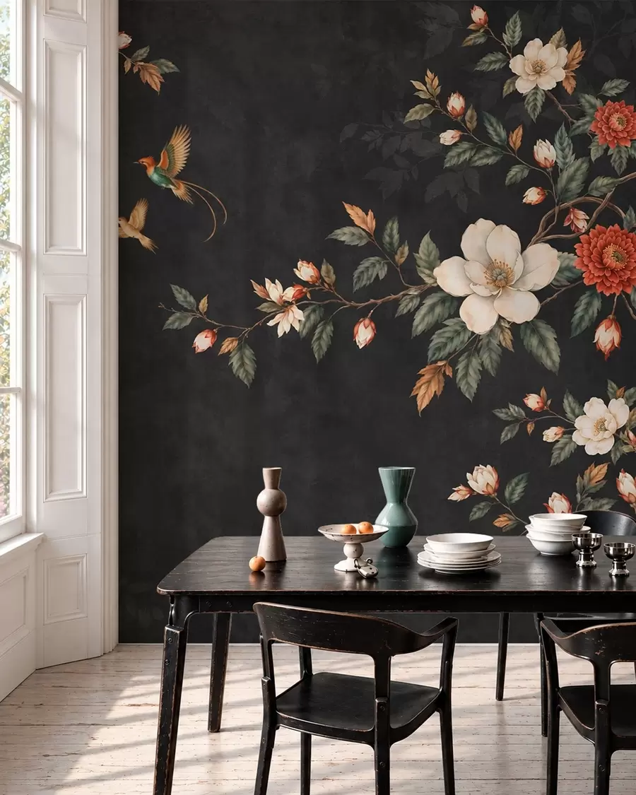 murales de pared Ramas en flor y dos pájaros sobre un fondo oscuro w05927