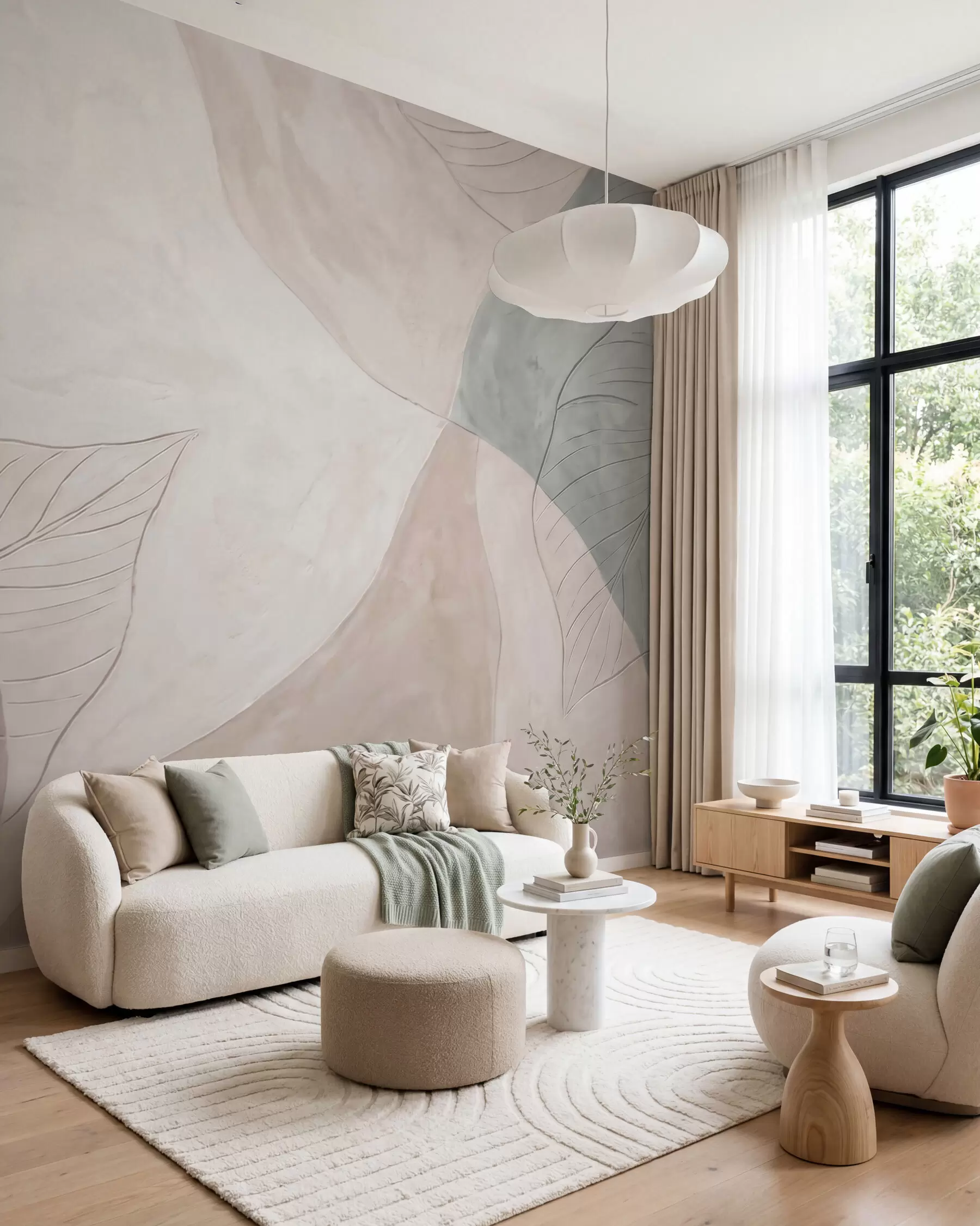 murales de pared Composición botánica abstracta con hojas grandes y formas orgánicas en tonos beige, crema y verde w10070