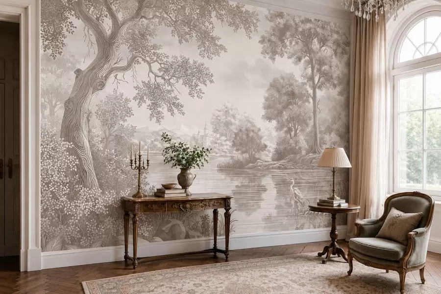 murales de pared Paisaje forestal monocromo con un lago y una garza w05805