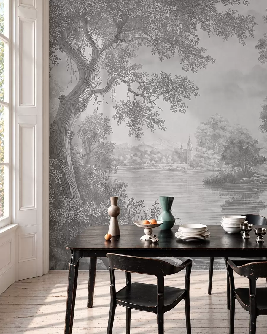 murales de pared Paisaje forestal gris con una garza junto al lago w05805v1