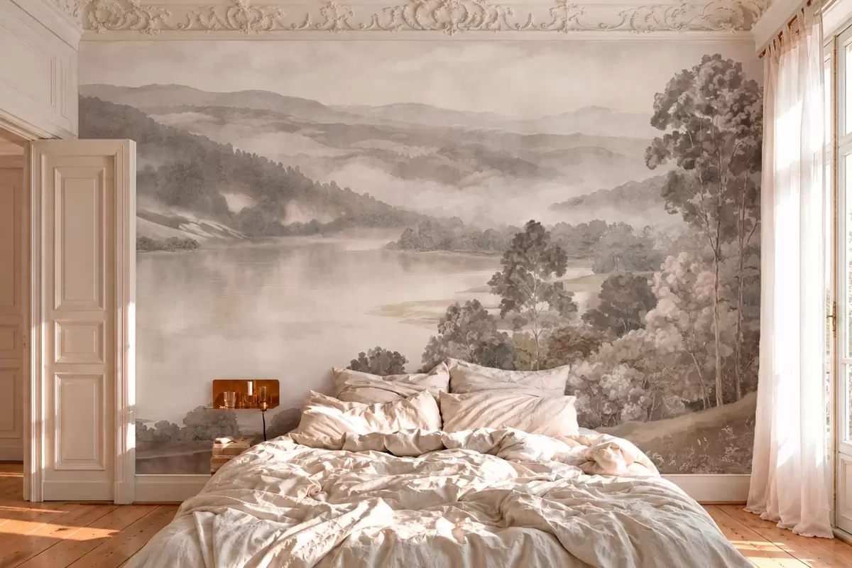 murales de pared Un lago tranquilo entre colinas y bosques envueltos en niebla w05928