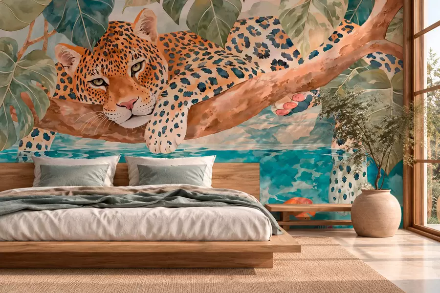 murales de pared Leopardo sobre agua azul w05954