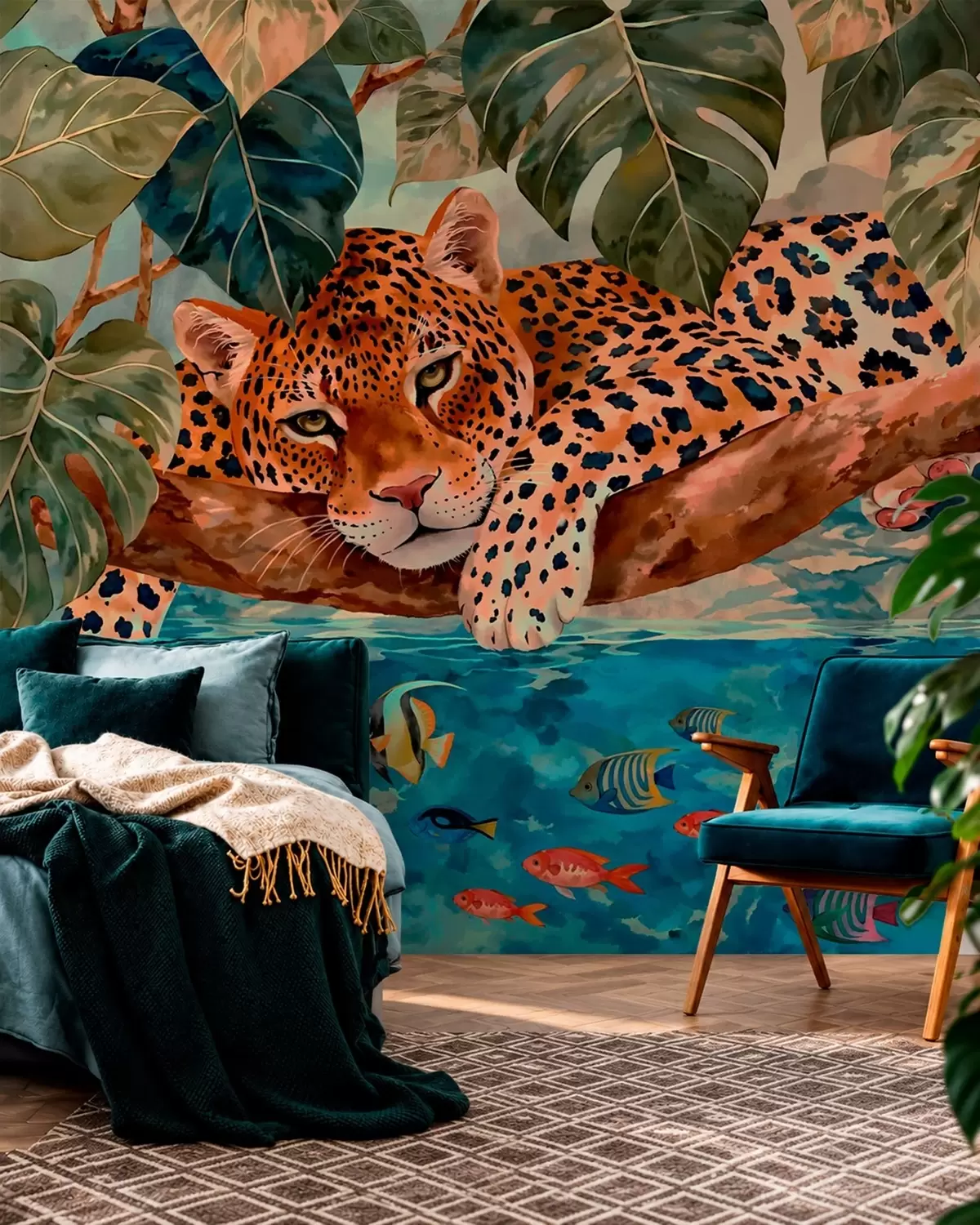 murales de pared Un leopardo entre hojas tropicales sobre el agua, junto a unos peces w05954v1
