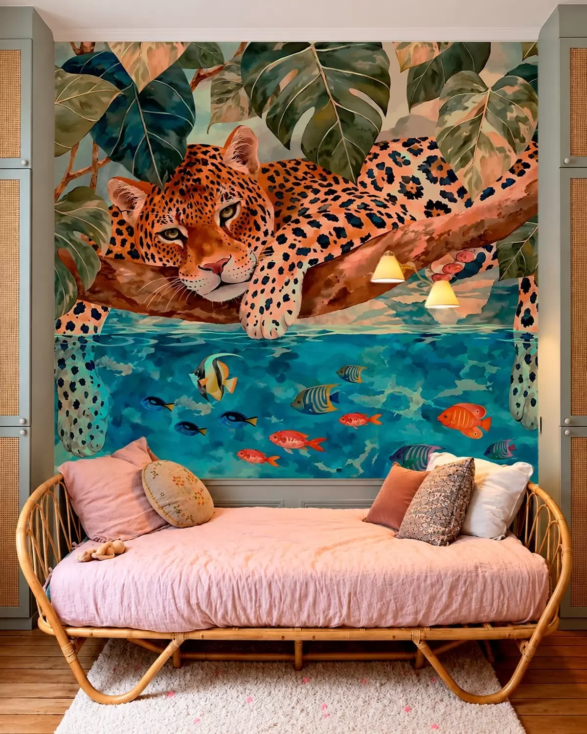 murales de pared Un leopardo entre hojas tropicales sobre el agua, junto a unos peces w05954v1