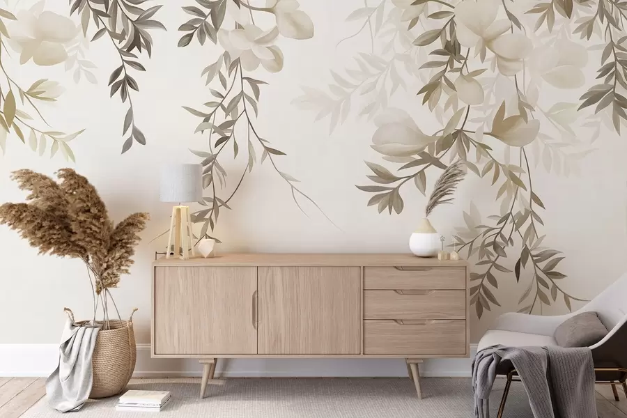 murales de pared Ramas de sauce colgantes y delicadas flores en tonos beige apagados w10081