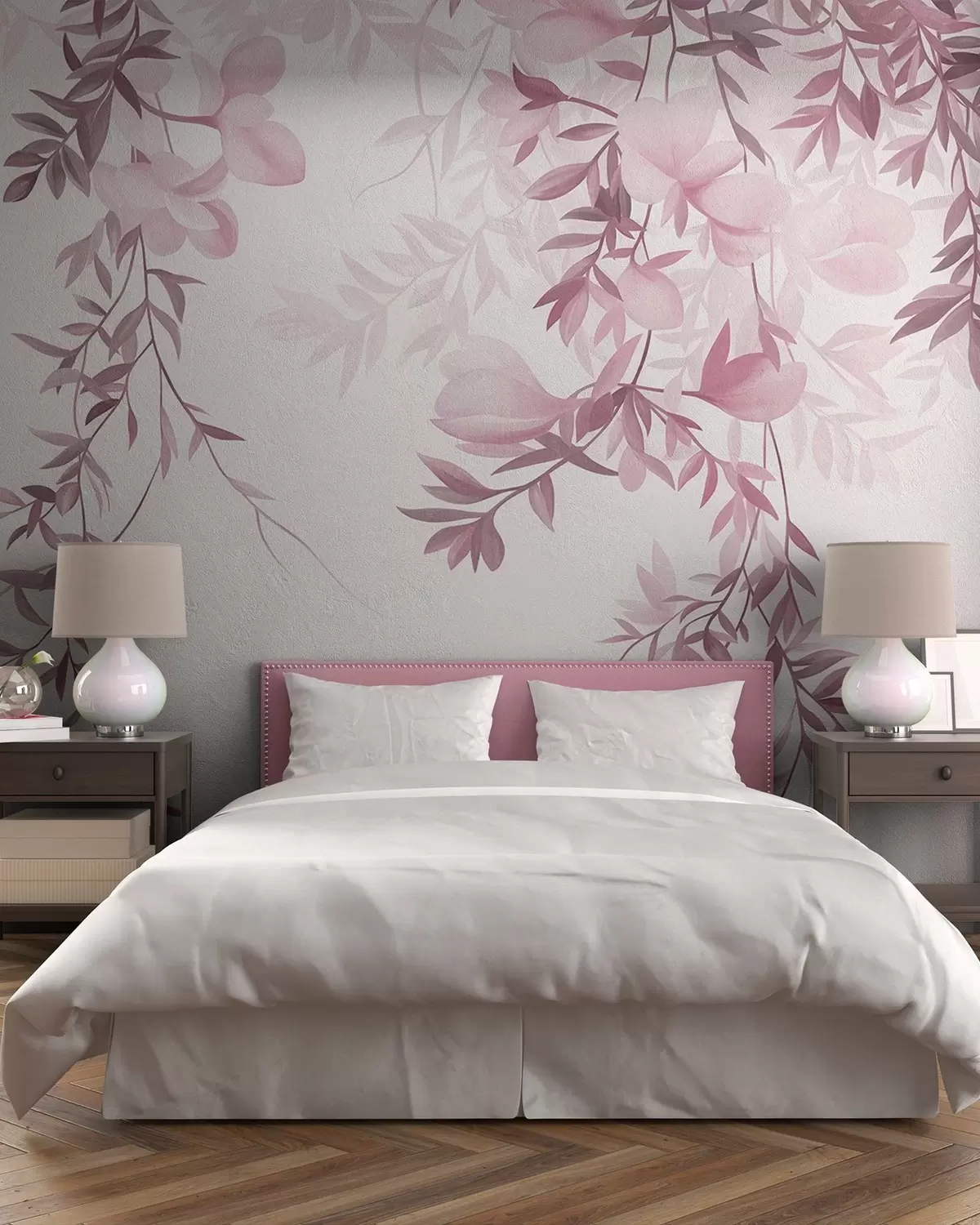 murales de pared Ramas de sauce colgantes y delicadas flores en tonos rosas apagados w10081v1