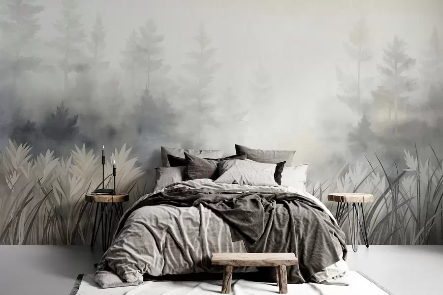 murales de pared Paisaje con hierba alta silvestre y un bosque de pinos, en un estilo minimalista con textura w10082