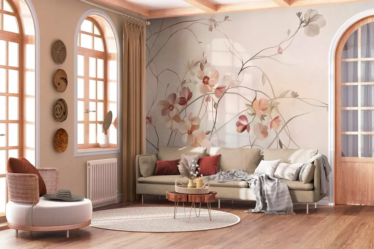 murales de pared Enredaderas con delicadas flores de color melocotón y crema w10083
