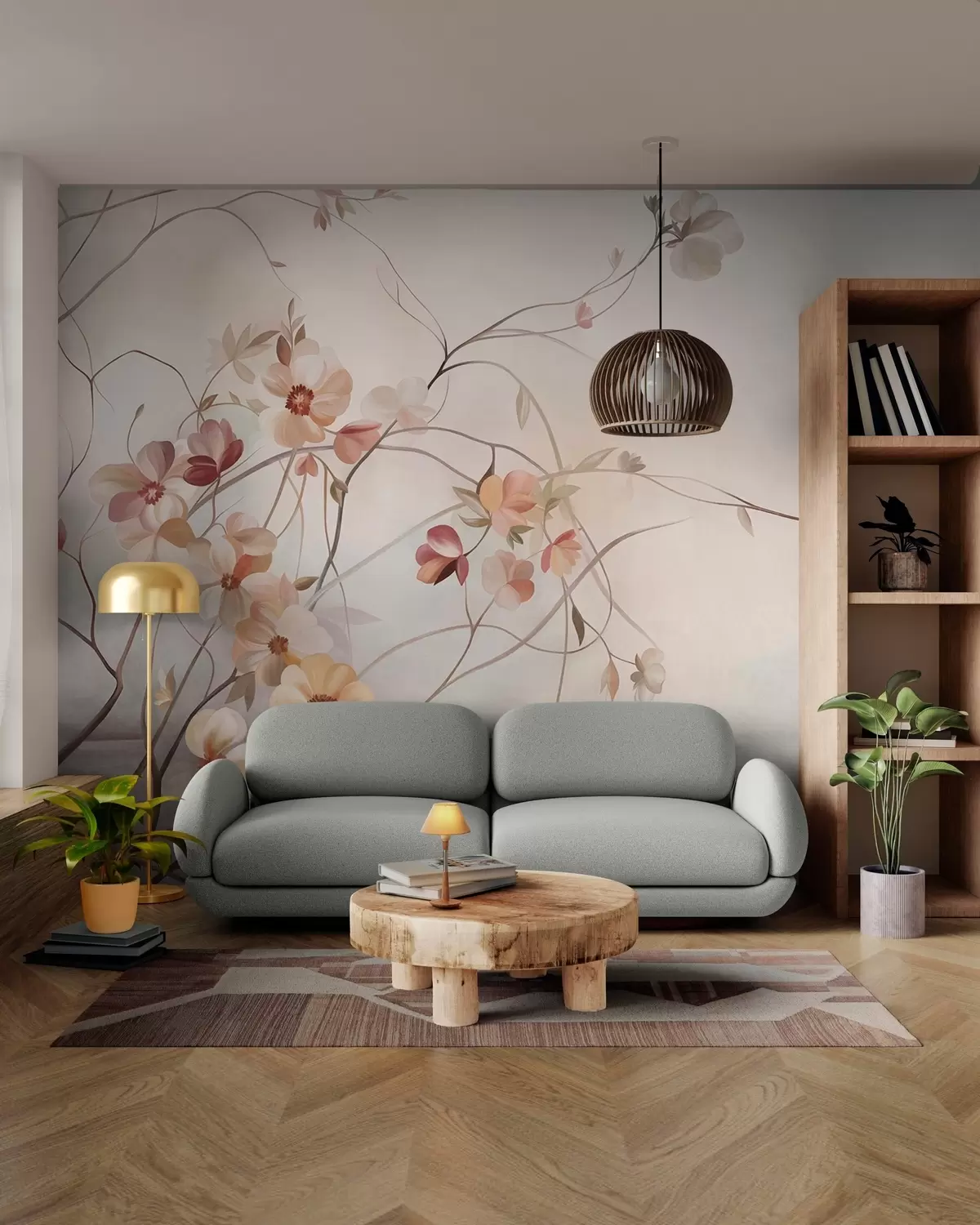 murales de pared Enredaderas con delicadas flores de color melocotón y crema w10083