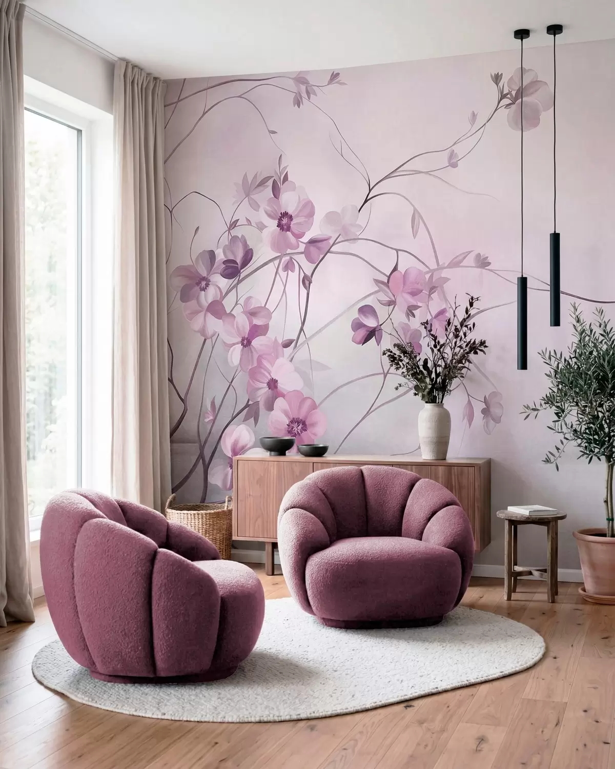 murales de pared Enredaderas sinuosas con delicadas flores de color rosa apagado w10083v1