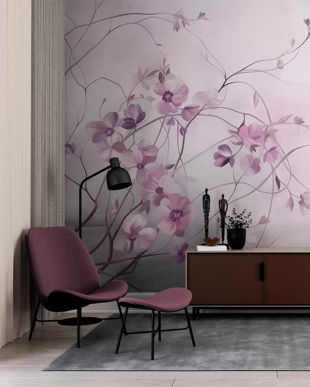 murales de pared Enredaderas sinuosas con delicadas flores de color rosa apagado w10083v1