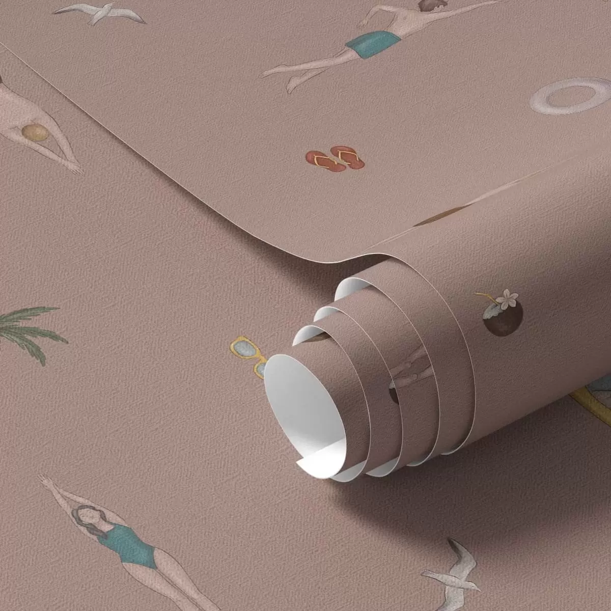 Papel pintado Nadadores, palmeras y accesorios de playa sobre un fondo rosa a01276v2
