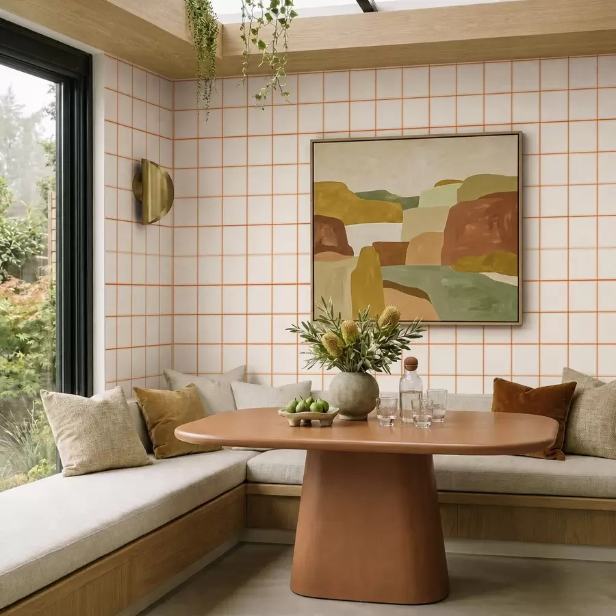 murales de pared Cuadrícula de nueve cuadrados de color beige con bordes de color terracota a01277