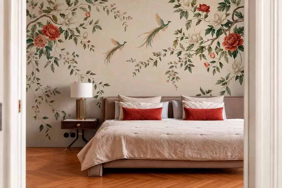 murales de pared Ramas en flor y aves del paraíso sobre un fondo color crema w05955