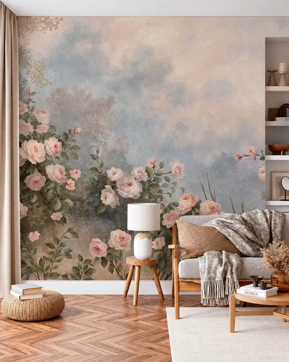 murales de pared Exuberantes rosales de color rosa en un paisaje brumoso w05888