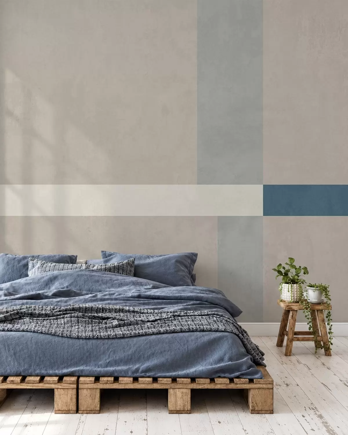 murales de pared Rectángulos abstractos en tonos beige y gris con un toque de azul w05891v2