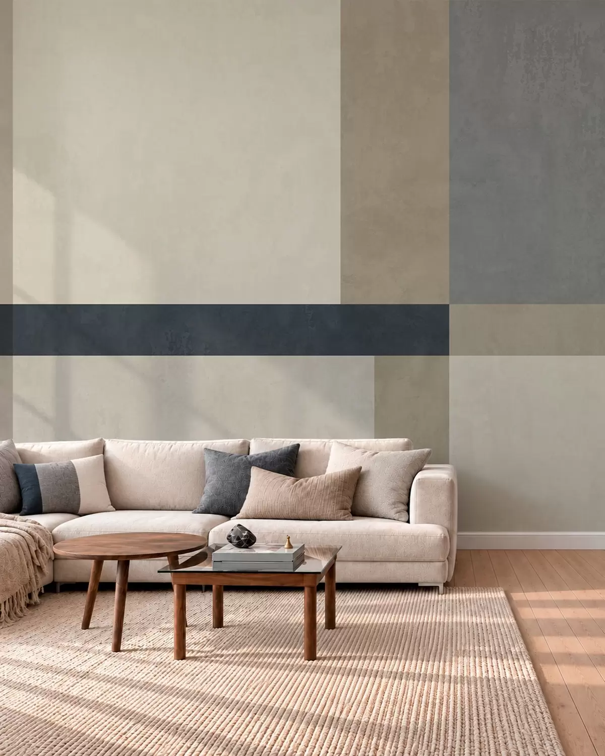 murales de pared Composición geométrica de bloques en tonos beige y gris con una franja oscura w05891v3