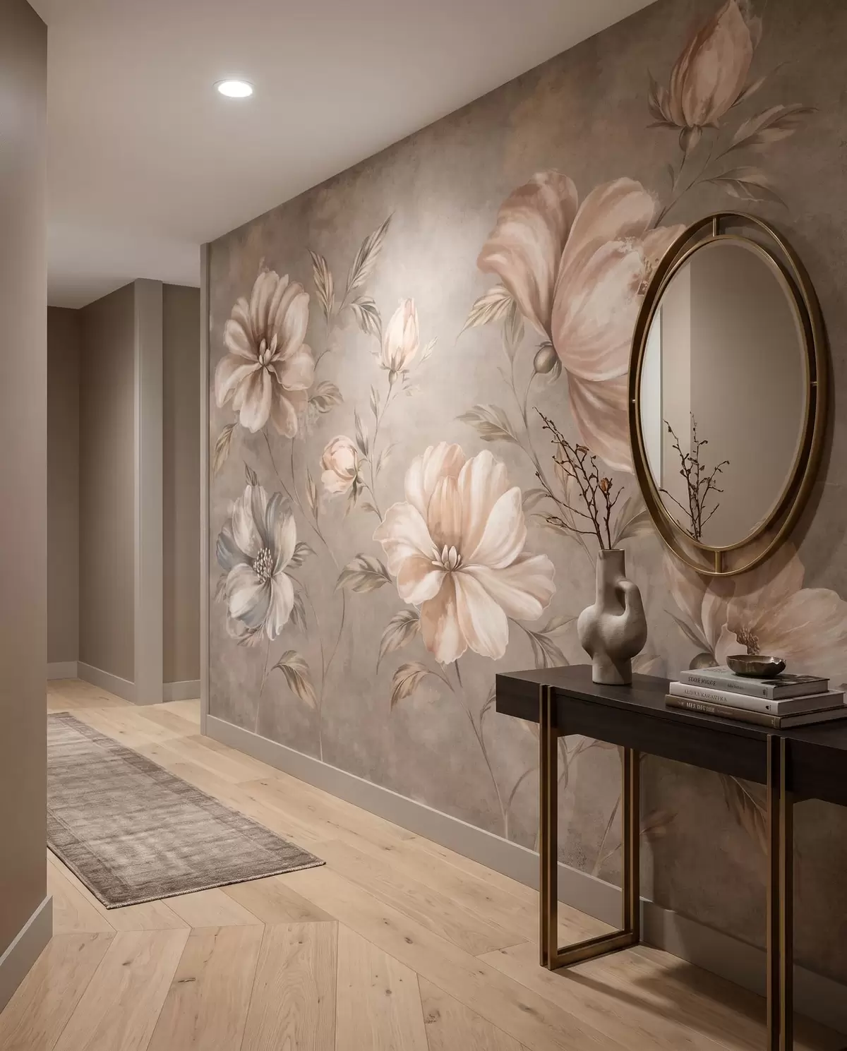 murales de pared Grandes flores de color crema y beige con hojas w05958