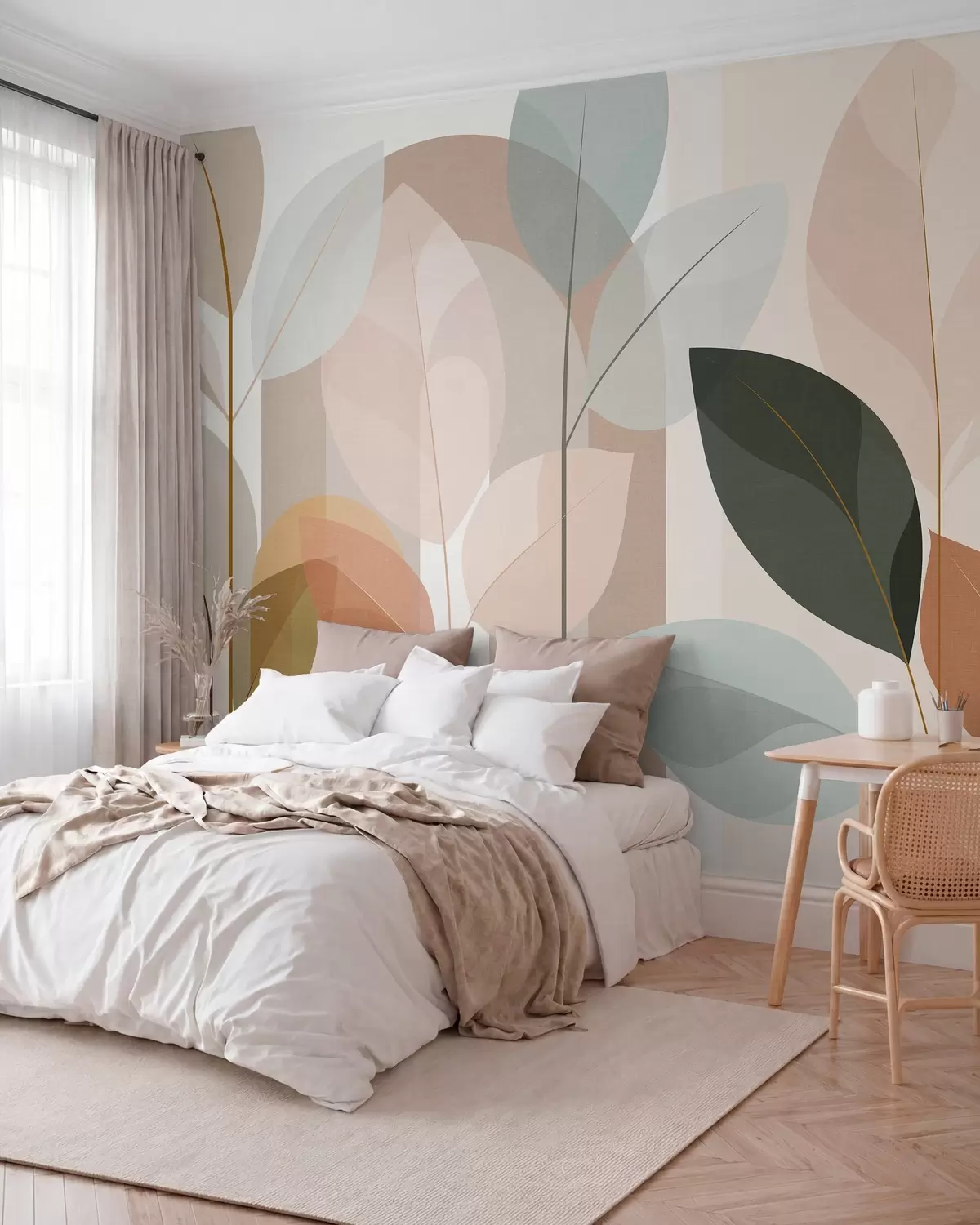 murales de pared un diseño abstracto con motivos de hojas en un estilo de tejido mate, en tonos beige, terracota y melocotón w05986