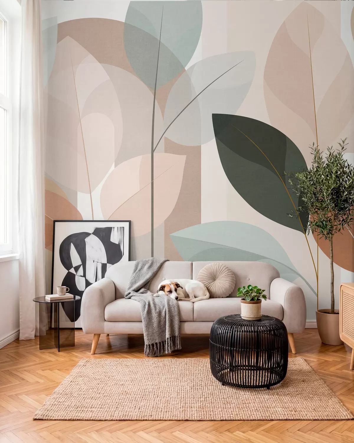 murales de pared un diseño abstracto con motivos de hojas en un estilo de tejido mate, en tonos beige, terracota y melocotón w05986
