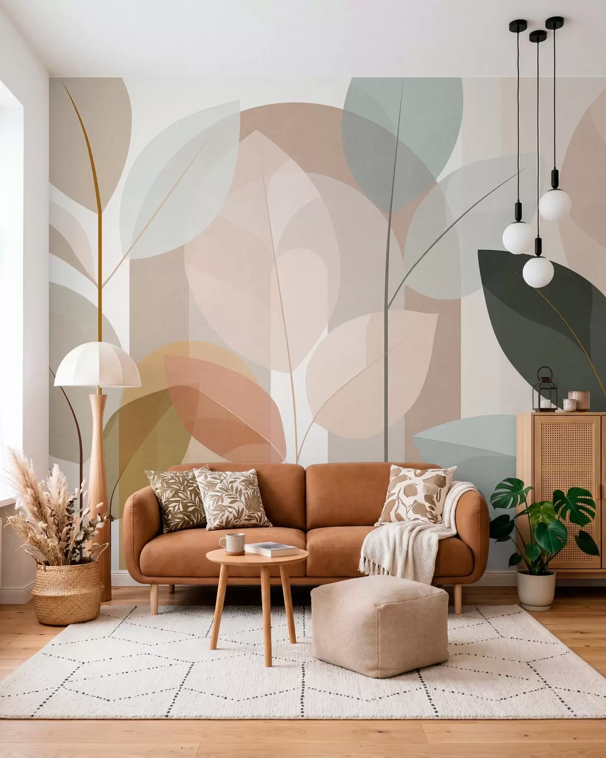 murales de pared un diseño abstracto con motivos de hojas en un estilo de tejido mate, en tonos beige, terracota y melocotón w05986