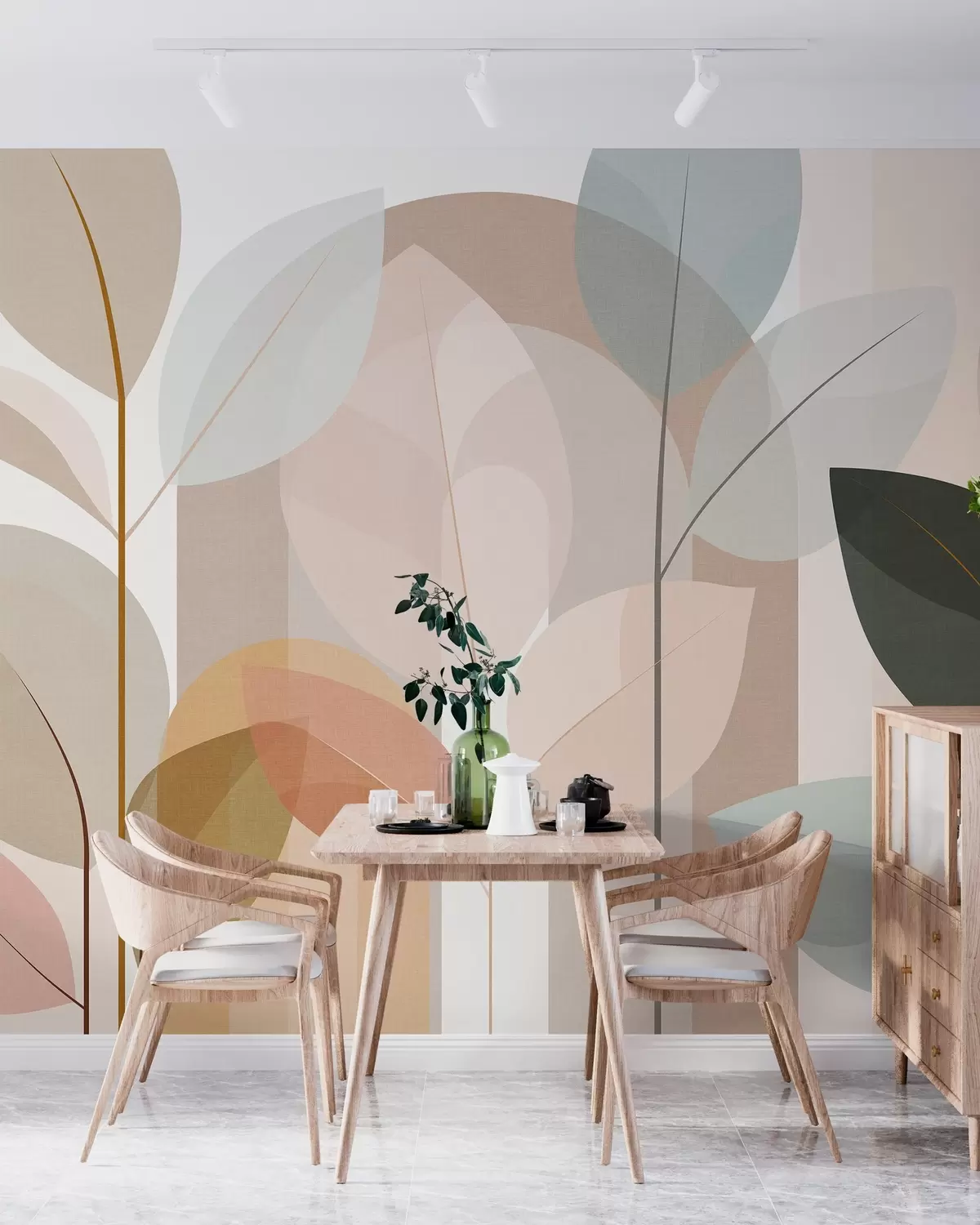 murales de pared un diseño abstracto con motivos de hojas en un estilo de tejido mate, en tonos beige, terracota y melocotón w05986