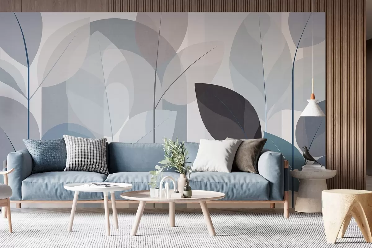 murales de pared un diseño abstracto con hojas en un estilo de tejido mate en tonos azules w05986v2